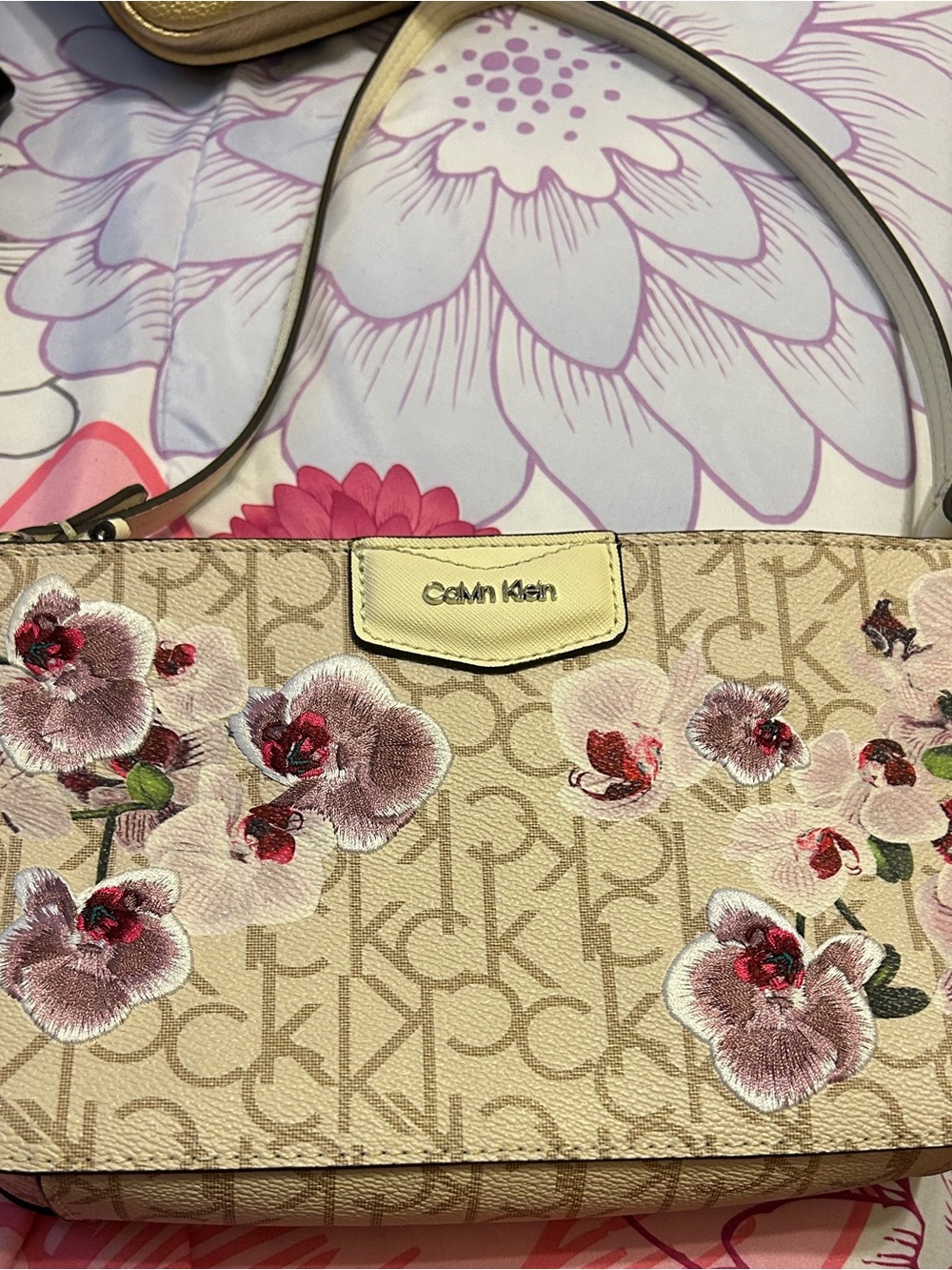 Calvin Klein Beige Monogram Shoulder Bag with Pink Floral Embroidery